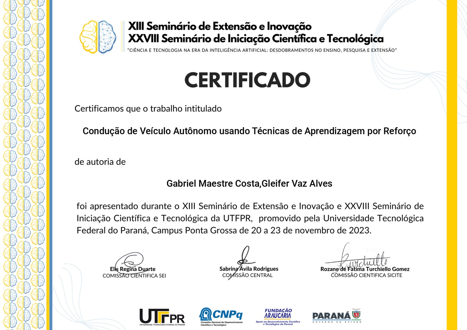 SICITE 2023 certificate for the paper on autonomous-vehicle driving with reinforcement learning.