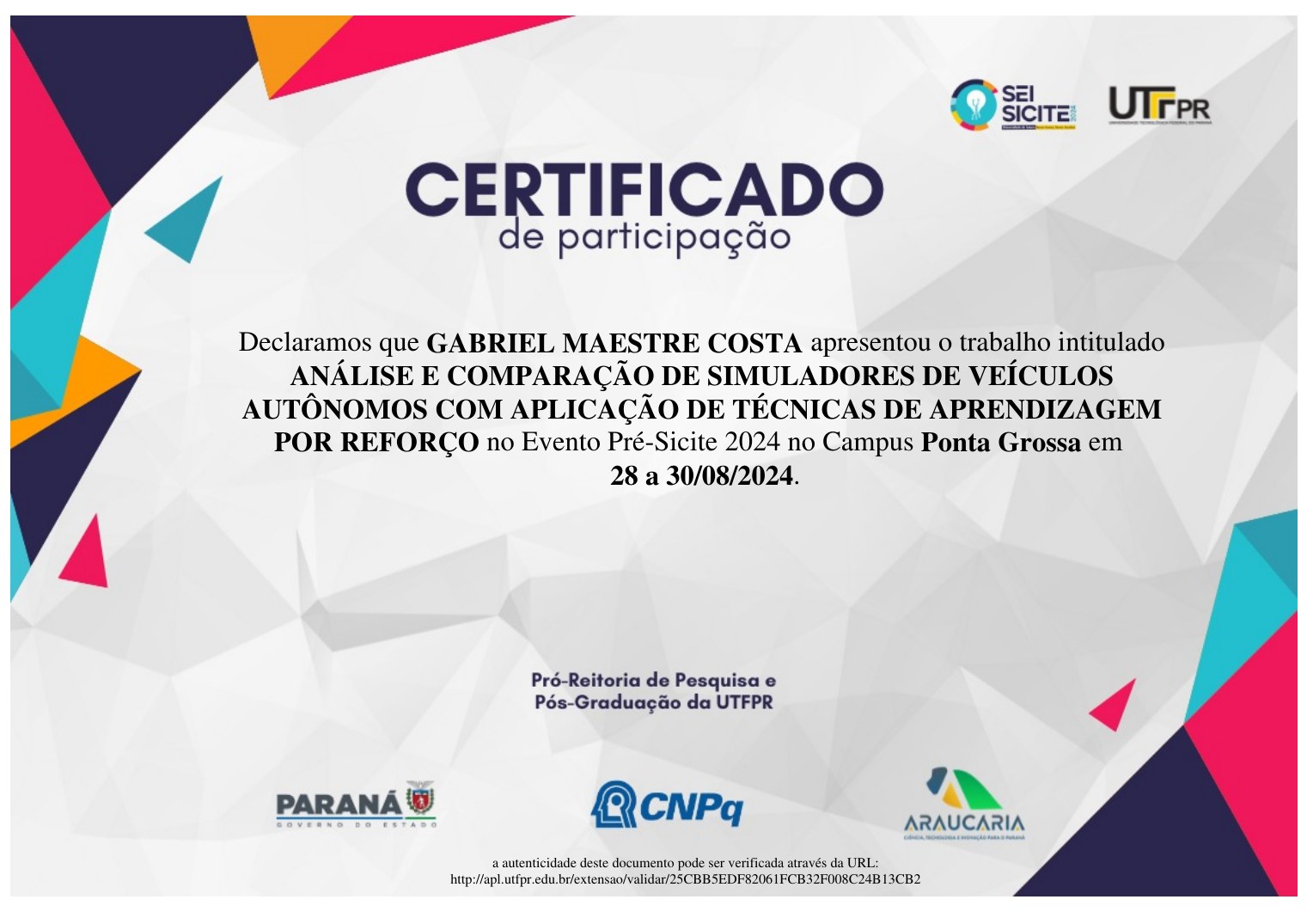 Pré-SICITE 2024 certificate for the paper comparing autonomous-vehicle simulators for reinforcement learning.